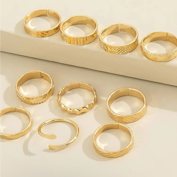 Gold 10pc textured ring set - Picture 2 of 2